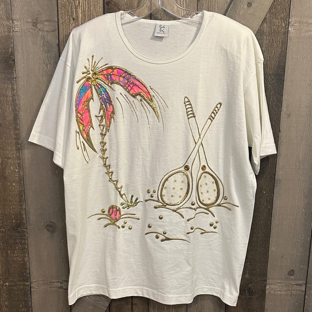 Vintage 80s Karla Reid Puff Paint Tennis Novelty Tee One Size Made in USA